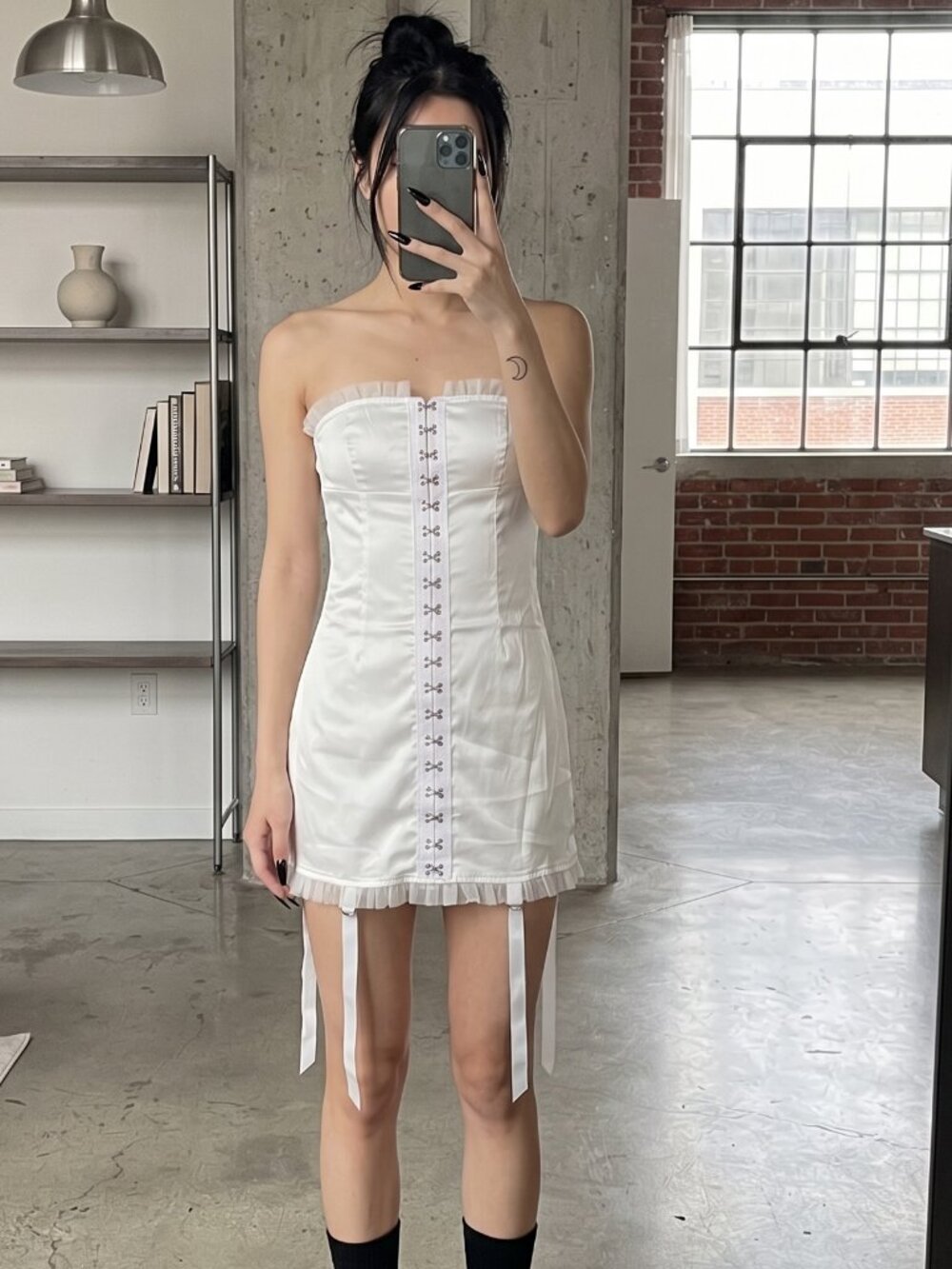 White Strapless Corset Dress with Ribbon Detail